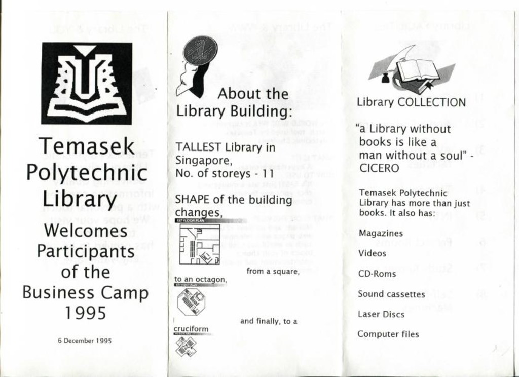 Temasek Polytechnic Library welcomes participants of the Business Camp 1995 flyer
