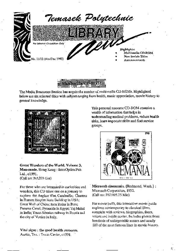 Library News. No. 11/12. Nov/Dec. 1993