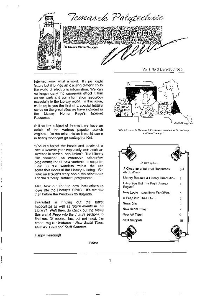 Library News. Vol. 1, No. 3. July-Sept. 1996