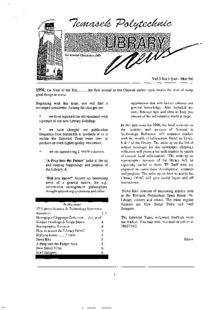 Library News. Vol. 1, No. 1. Jan-Mar. 1996