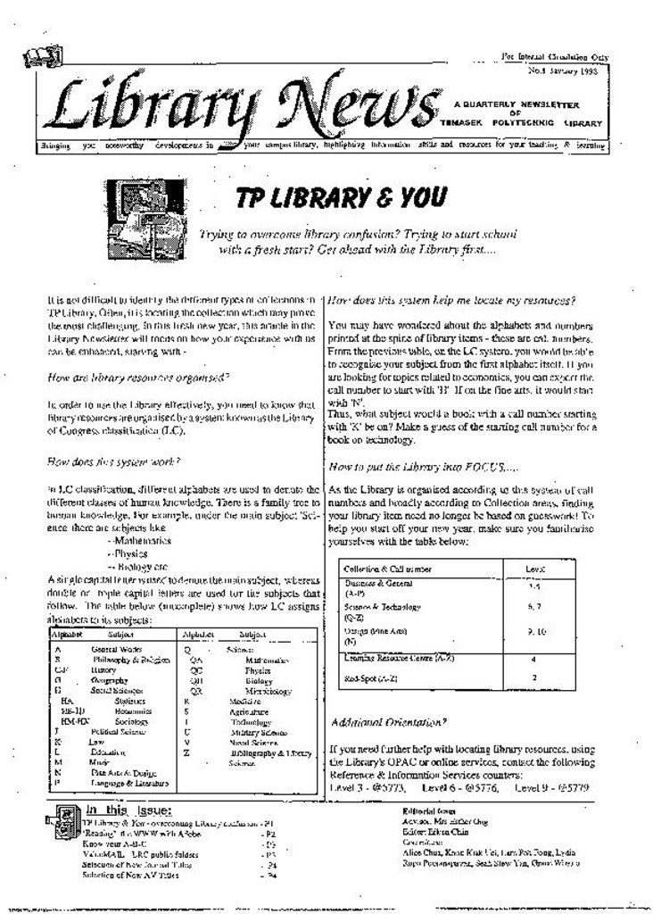 Library News. No. 1. Jan. 1998
