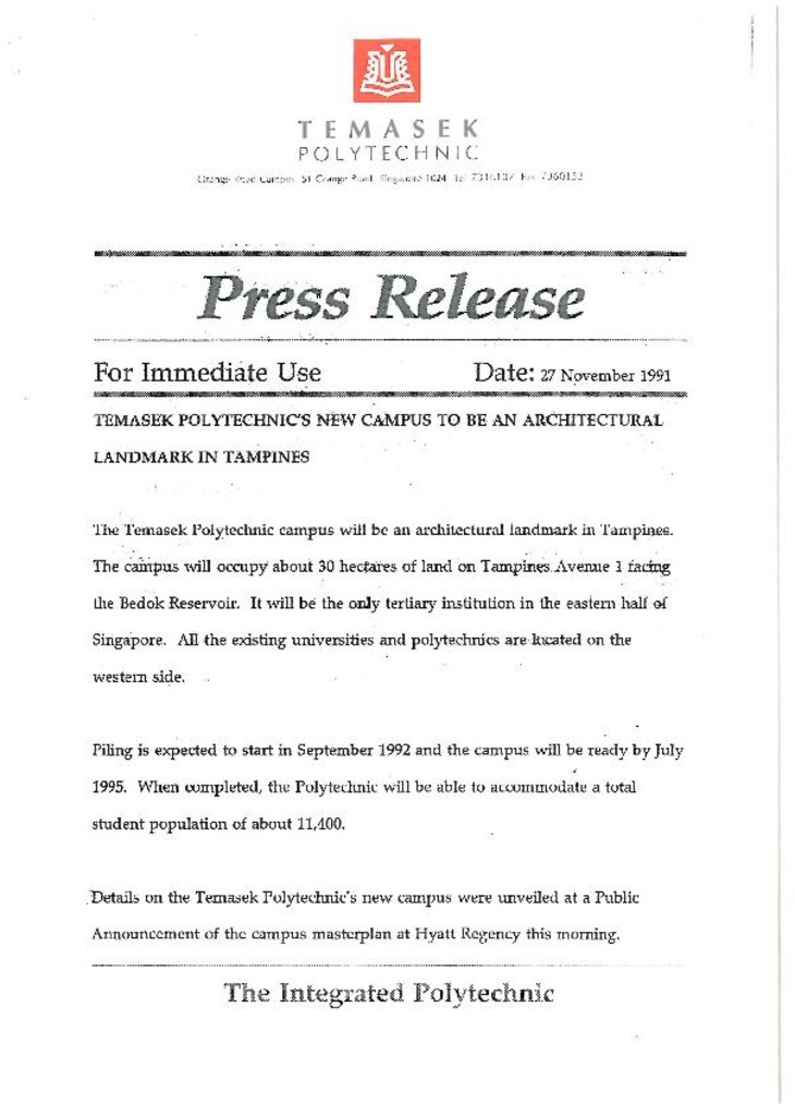 Temasek Polytechnic's new campus to be an architectural landmark in Tampines : press release