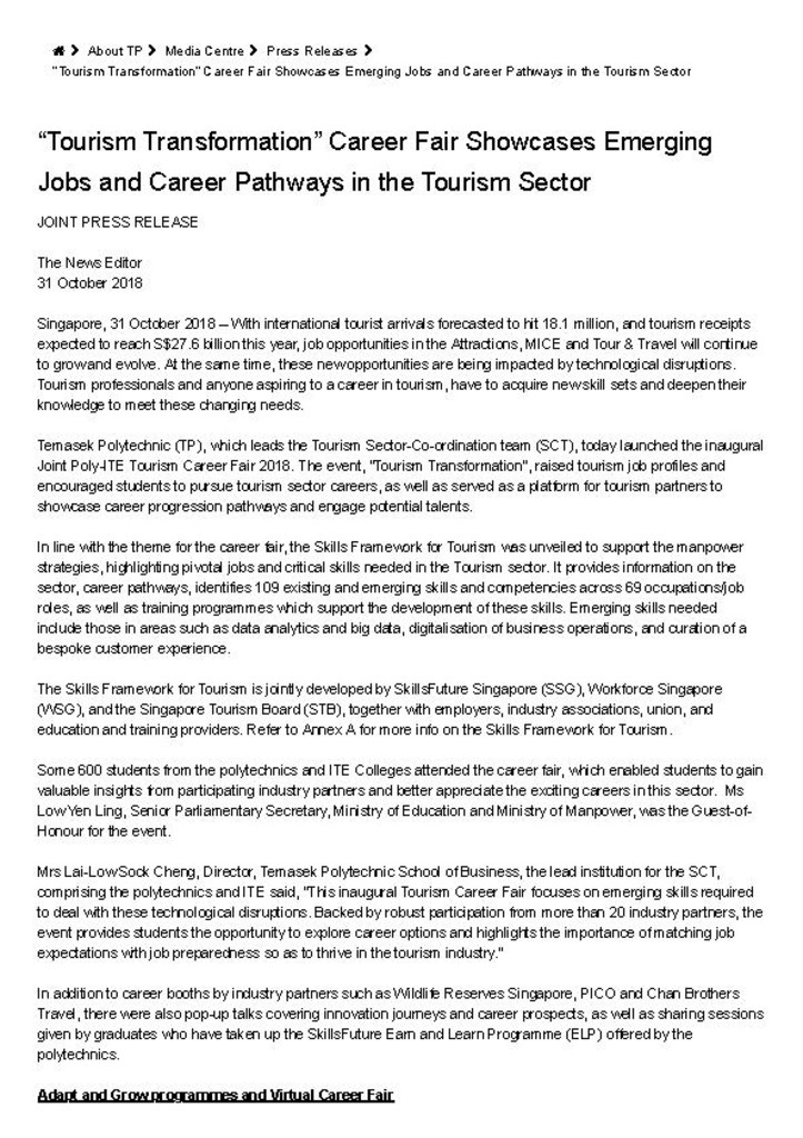 Press release. 31 Oct. 2018. Tourism Transformation Career Fair showcases emerging jobs and career pathways in the tourism sector
