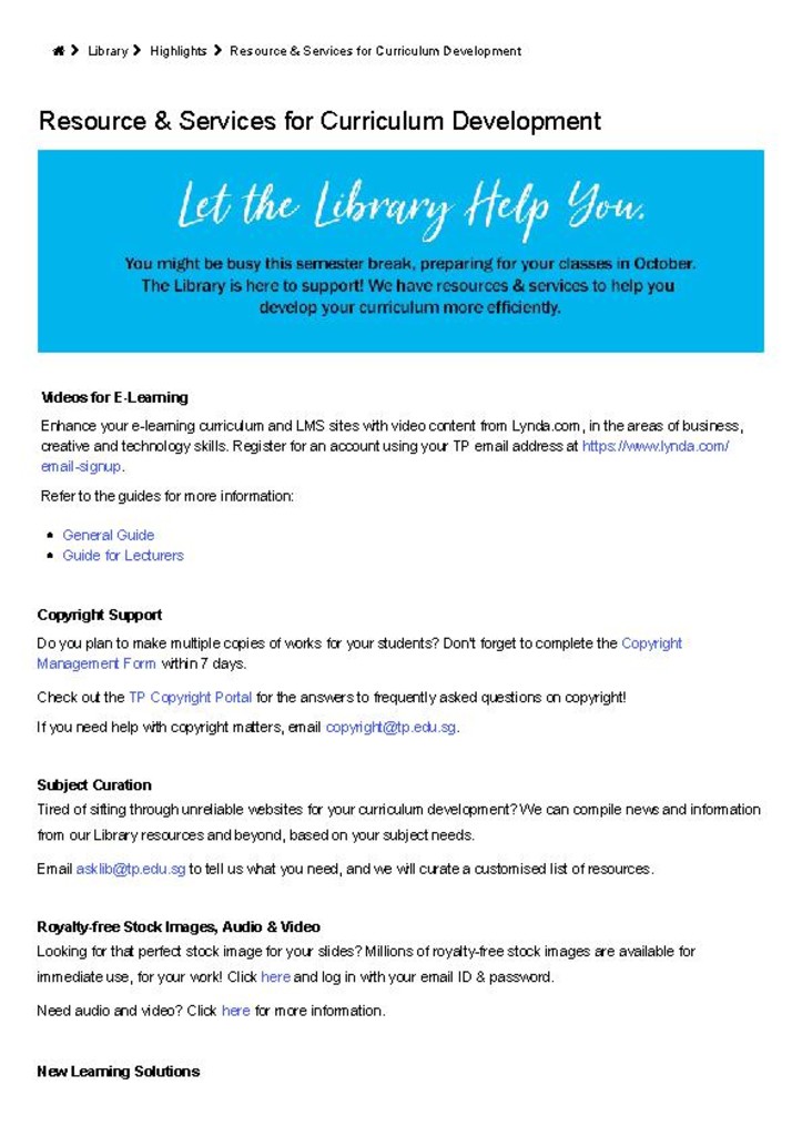 Library Highlights. 17 Sept. 2018. Resource & Services for Curriculum Development