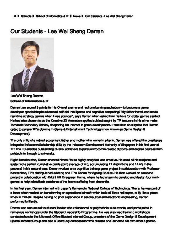 TP news. 07 Jan. 2019. Our students : Lee Wei Sheng Darren