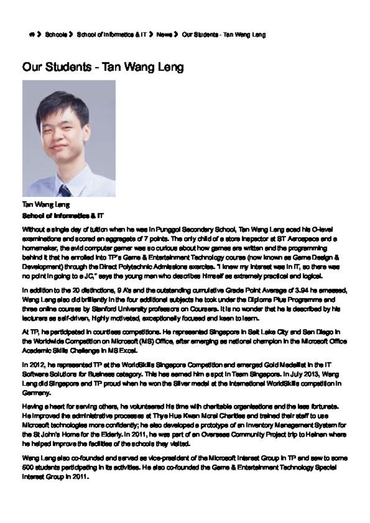 TP news. 07 Jan. 2019. Our students : Tan Wang Leng