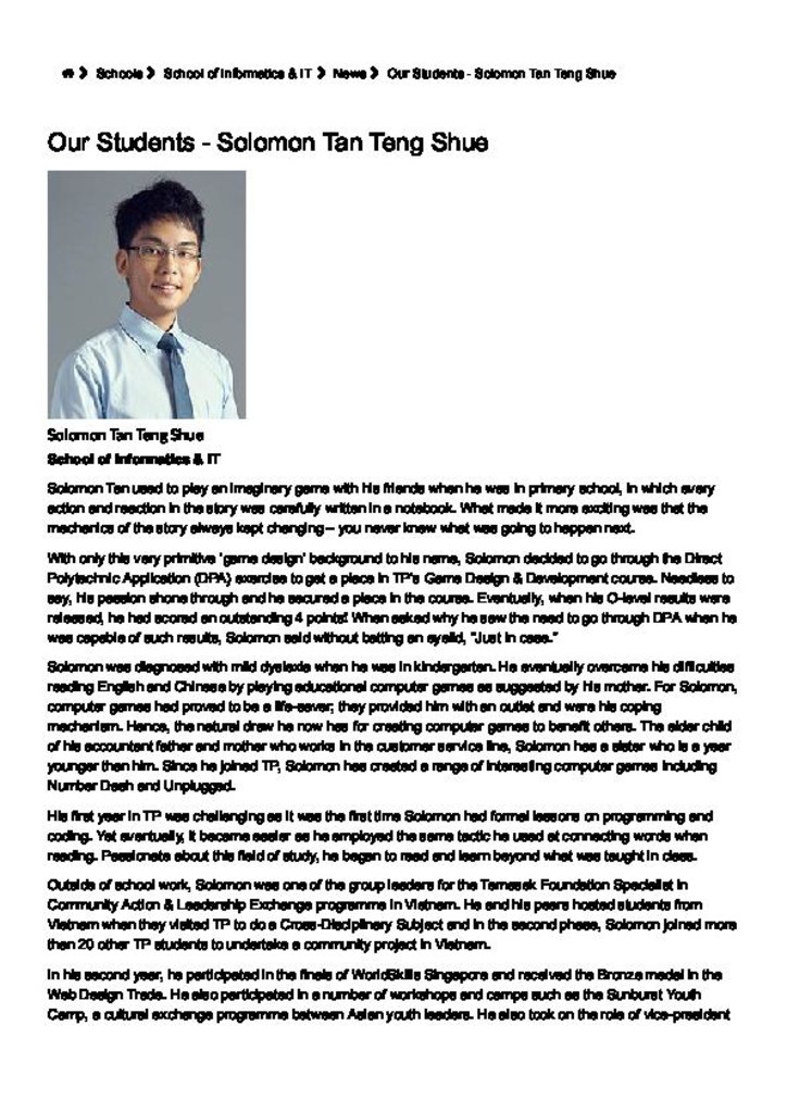 TP news. 07 Jan. 2019. Our students : Solomon Tan Teng Shue
