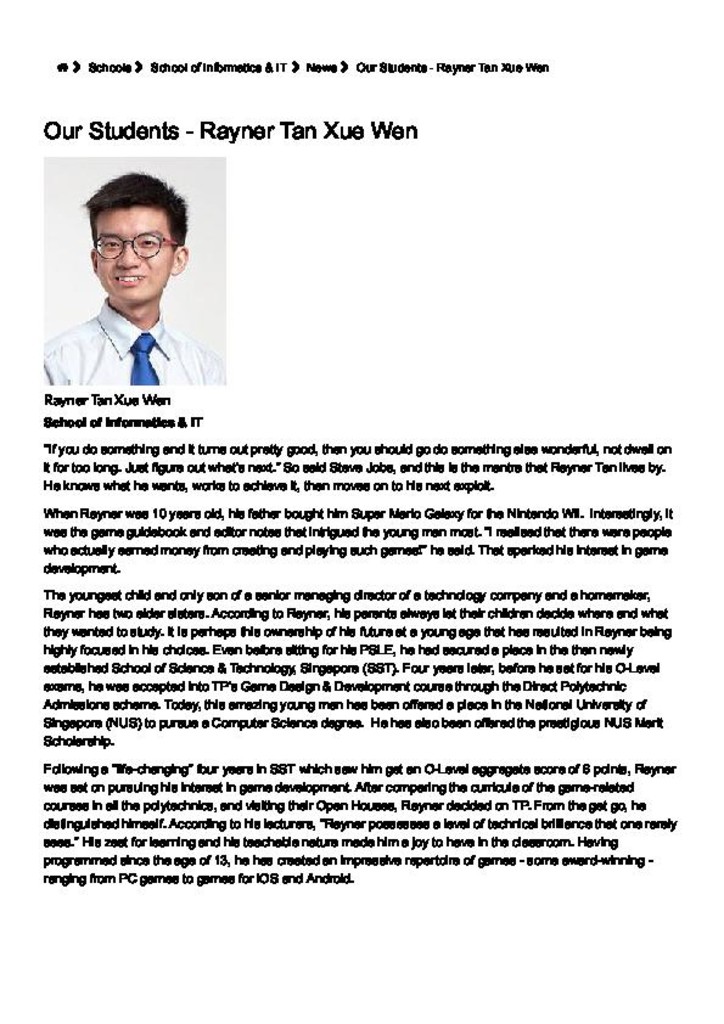 TP news. 07 Jan. 2019. Our students : Rayner Tan Xue Wen