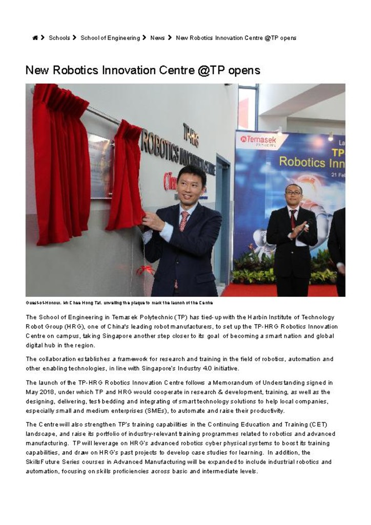 TP news. 22 Feb. 2019. New Robotics Innovation Centre @TP opens
