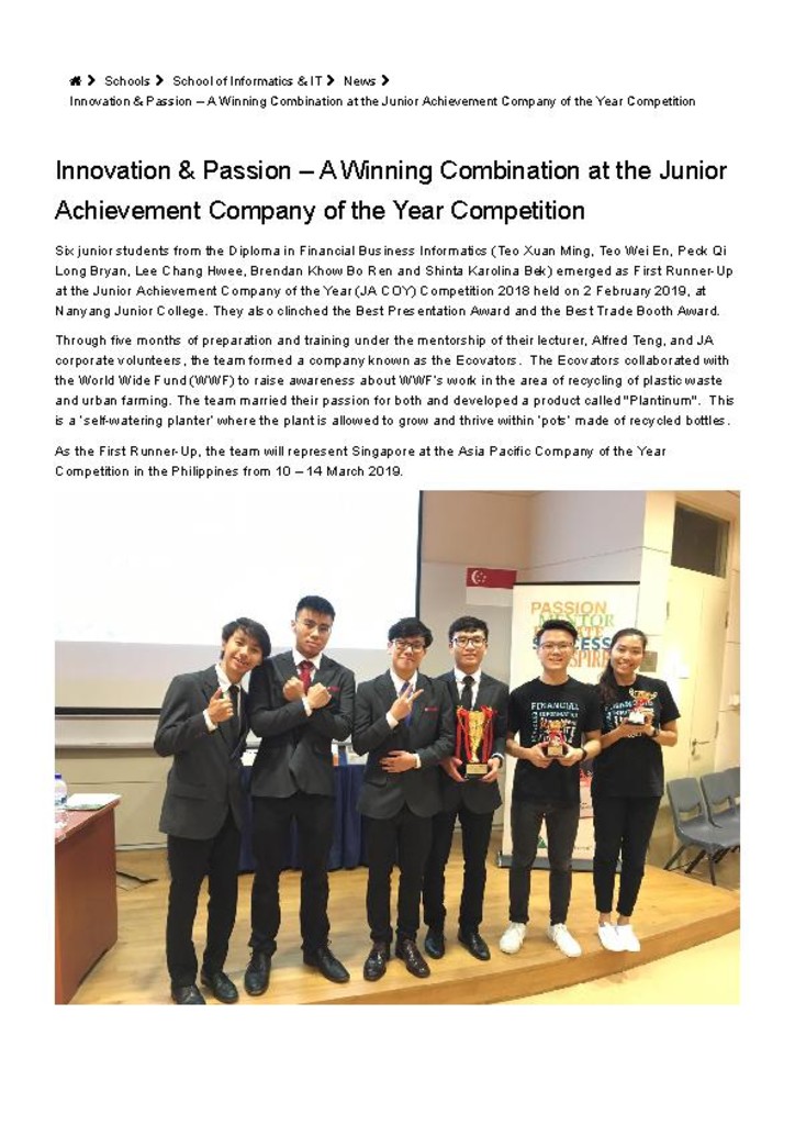 TP news. 07 Feb. 2019. Innovation & Passion - A winning combination at the Junior Achievement Company of the Year competition