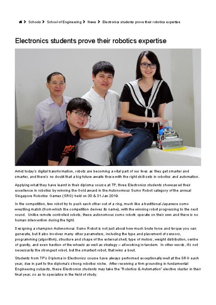 TP news. 25 Feb. 2019. Electronics students prove their robotics expertise