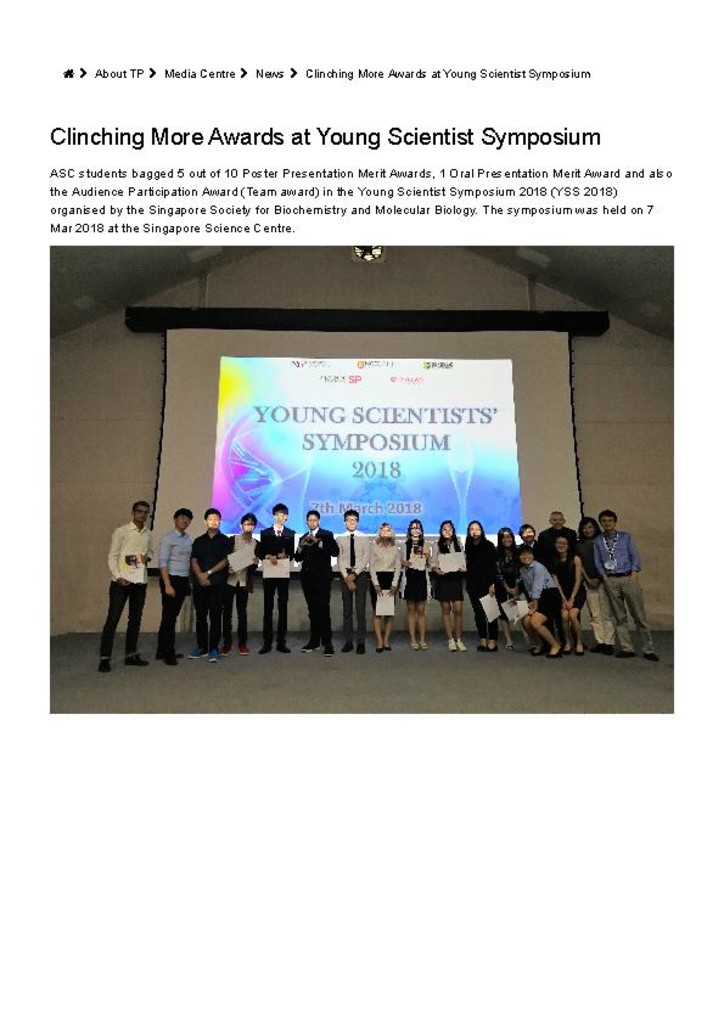 TP news. 05 Mar. 2019. Clinching more awards at Young Scientist Symposium