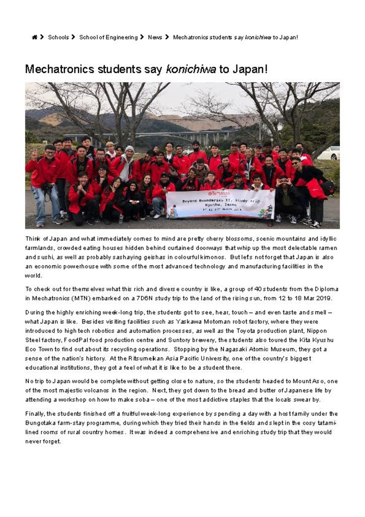 TP news. 20 Mar. 2019. Mechatronics students say konichiwa to Japan!