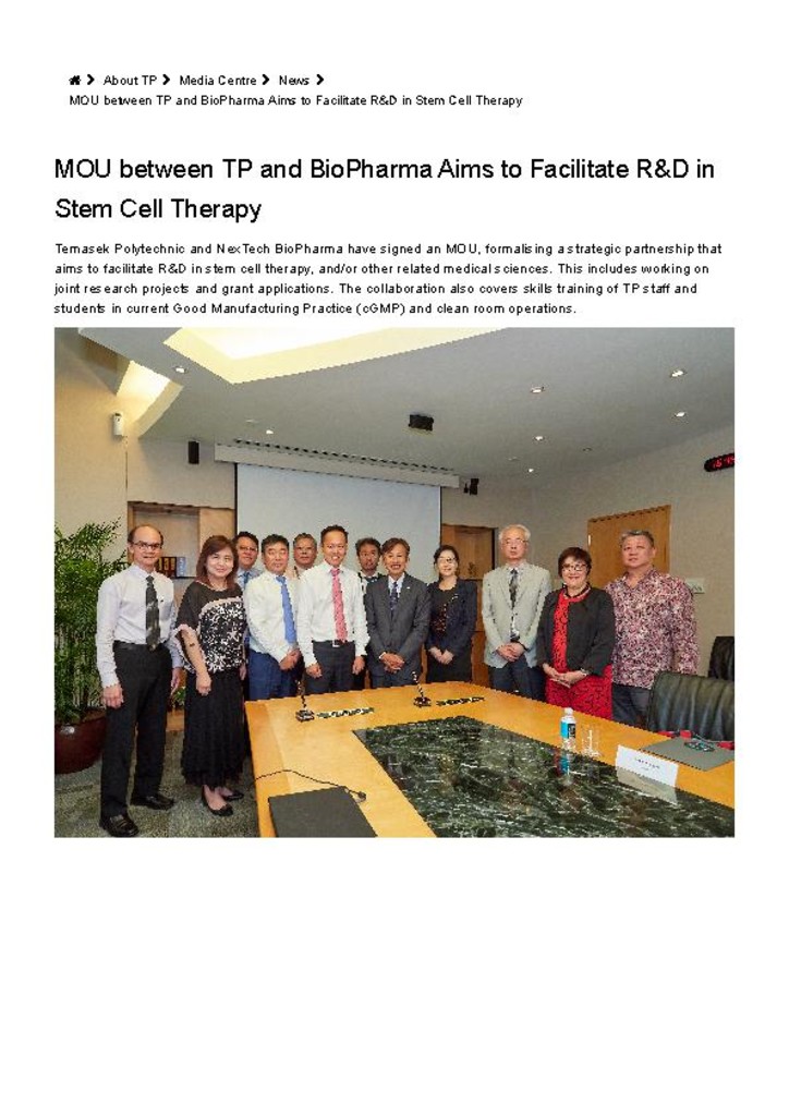 TP news. 07 Mar. 2019. MOU between TP and BioPharma aims to facilitate R&D in stem cell therapy