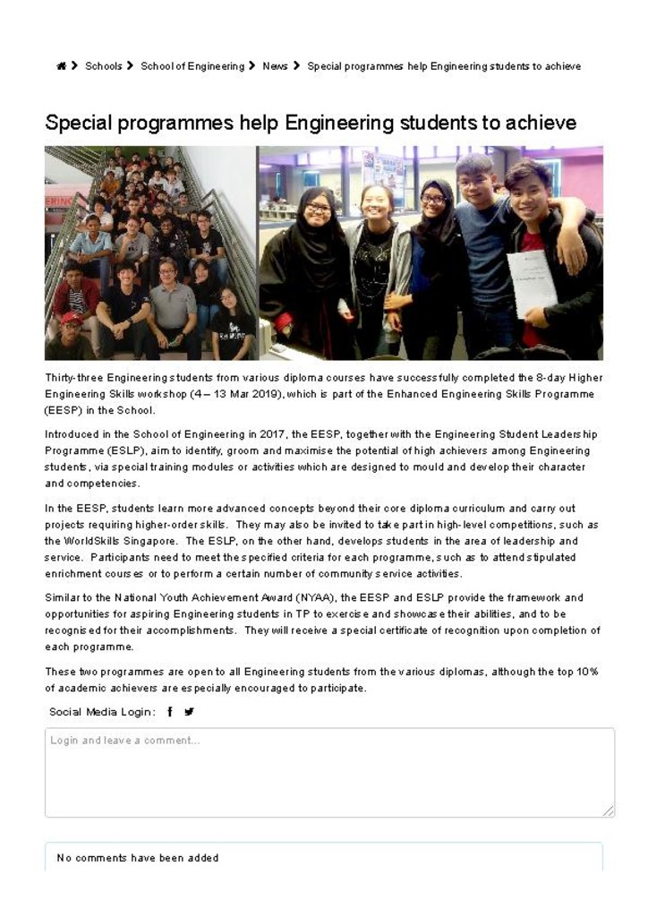 TP news. 22 Mar. 2019. Special programmes help Engineering students to achieve