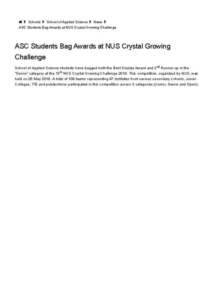 TP news. 05 Mar. 2019. ASC students bag awards at NUS Crystal Growing Challenge