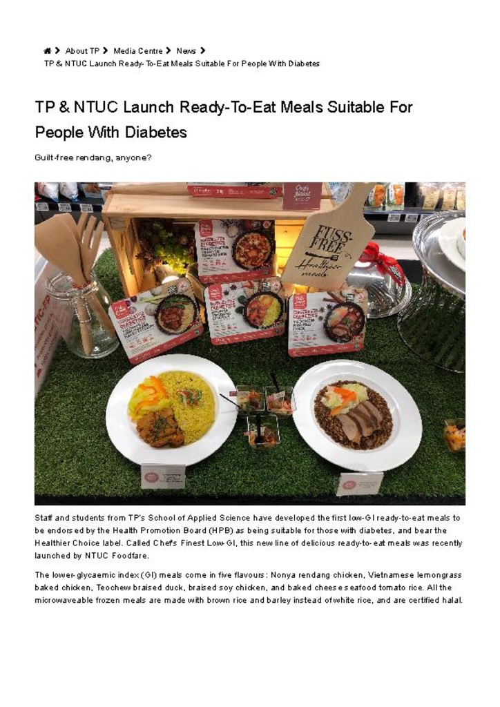 TP news. 14 Mar. 2019. TP & NTUC launch ready-to-eat meals suitable for people with diabetes