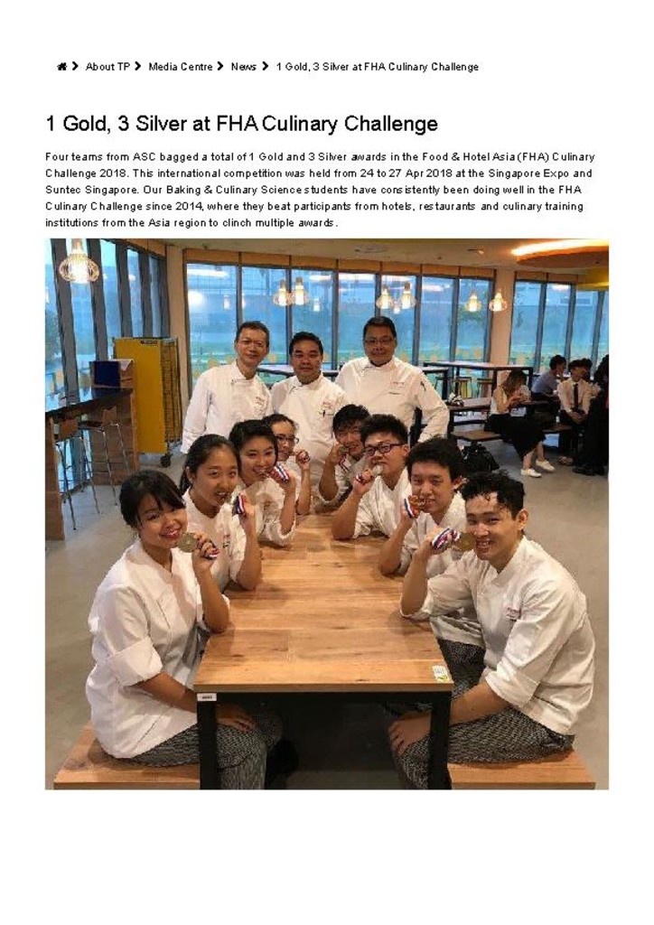 TP news. 07 Mar. 2019. 1 Gold, 3 Silver at FHA Culinary Challenge