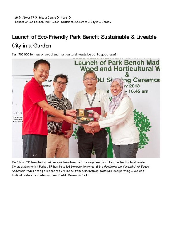 TP news. 14 Mar. 2019. Launch of eco-friendly park bench: Sustainable & liveable city in a garden