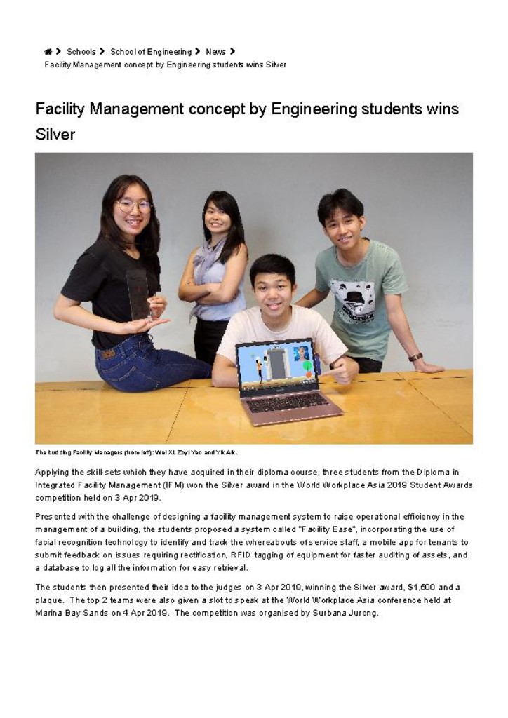 TP news. 16 Apr. 2019. Facility Management concept by Engineering students wins Silver