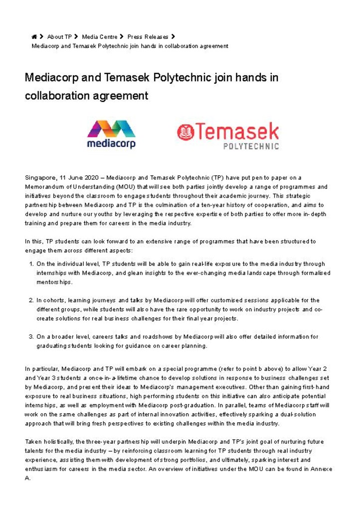 Press release. 11 June 2020. Mediacorp and Temasek Polytechnic join hands in collaboration agreement