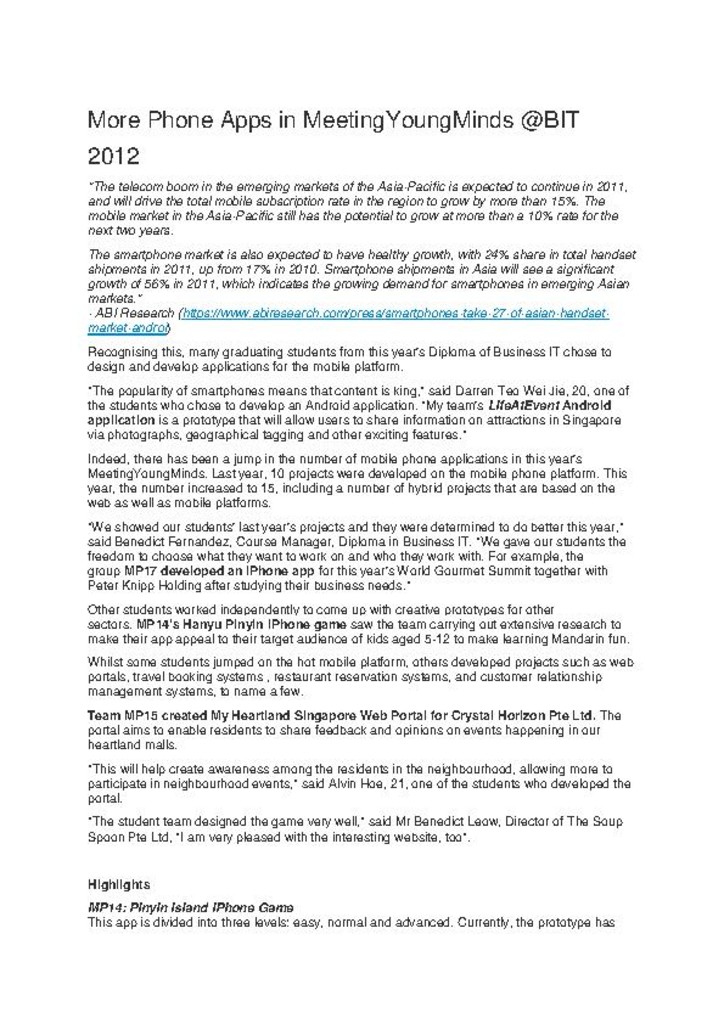 Press release. 20 Feb 2012. More phone apps in MeetingYoungMinds @BIT 2012