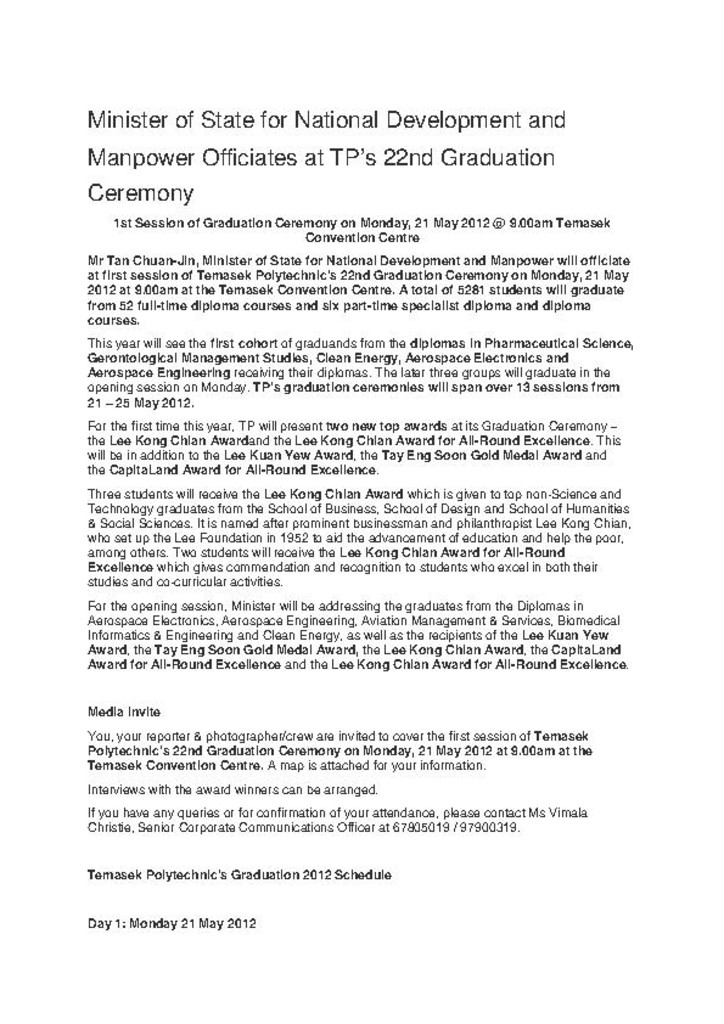 Press release. 17 May 2012. Minister of State for National Development and Manpower officiates at TP's 22nd Graduation Ceremony