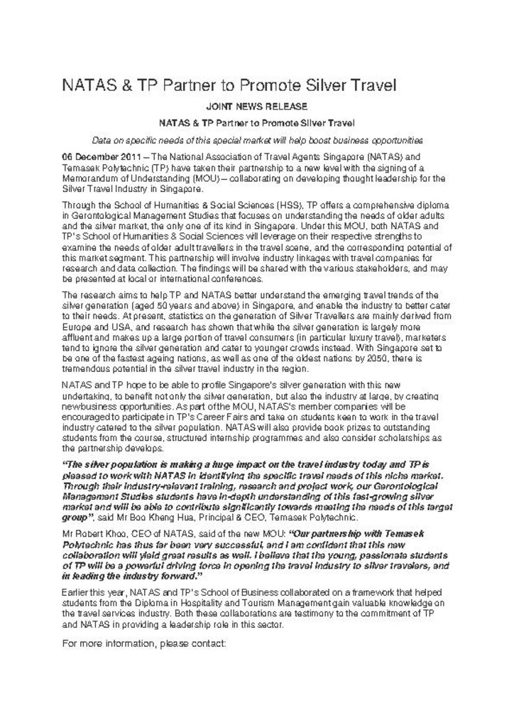 Press release. 06 Dec. 2011. NATAS & TP partner to promote silver travel