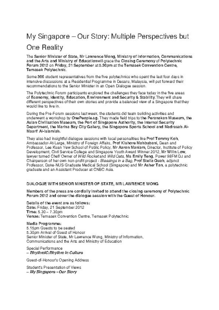 Press release. 21 Sept. 2012. My Singapore -- our story : multiple perspectives but one reality