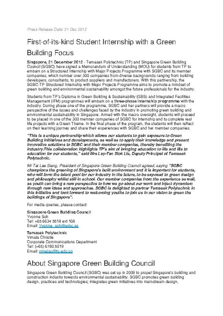 Press release. 21 Dec. 2012. First-of-its-kind student internship with a green building focus