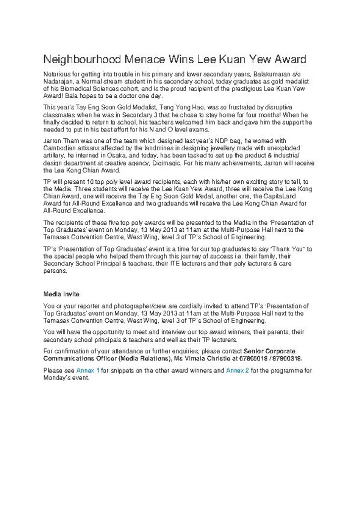 Press release. 13 May 2013. Neighbourhood menace wins Lee Kuan Yew Award