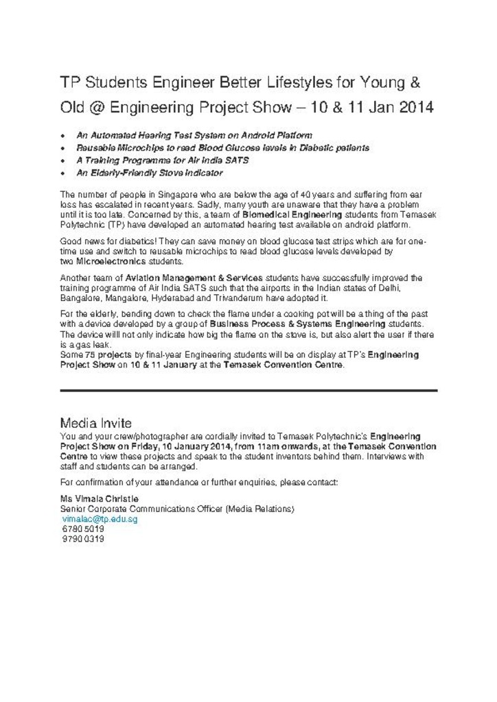 Press release. 08 Jan. 2014. TP students engineer better lifestyles for young & old @ Engineering Project Show - 10 & 11 Jan 2014