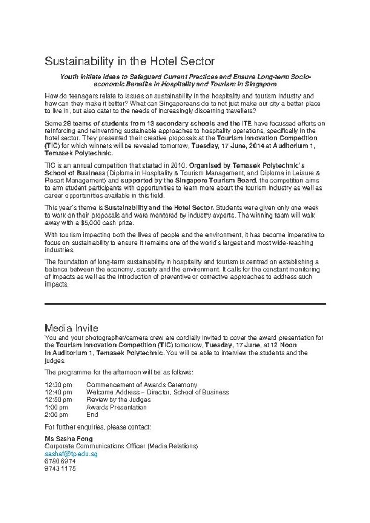 Press release. 16 June 2014. Sustainability in the hotel sector