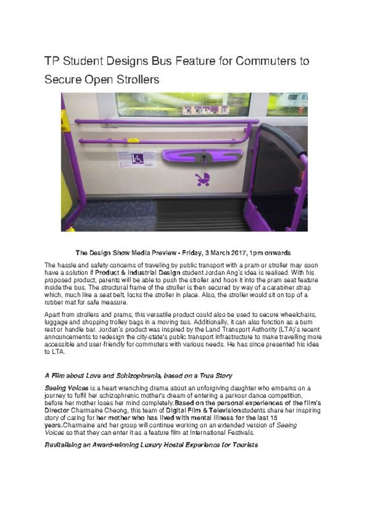 Press release. 02 Mar. 2017. TP student designs bus feature for commuters to secure open strollers