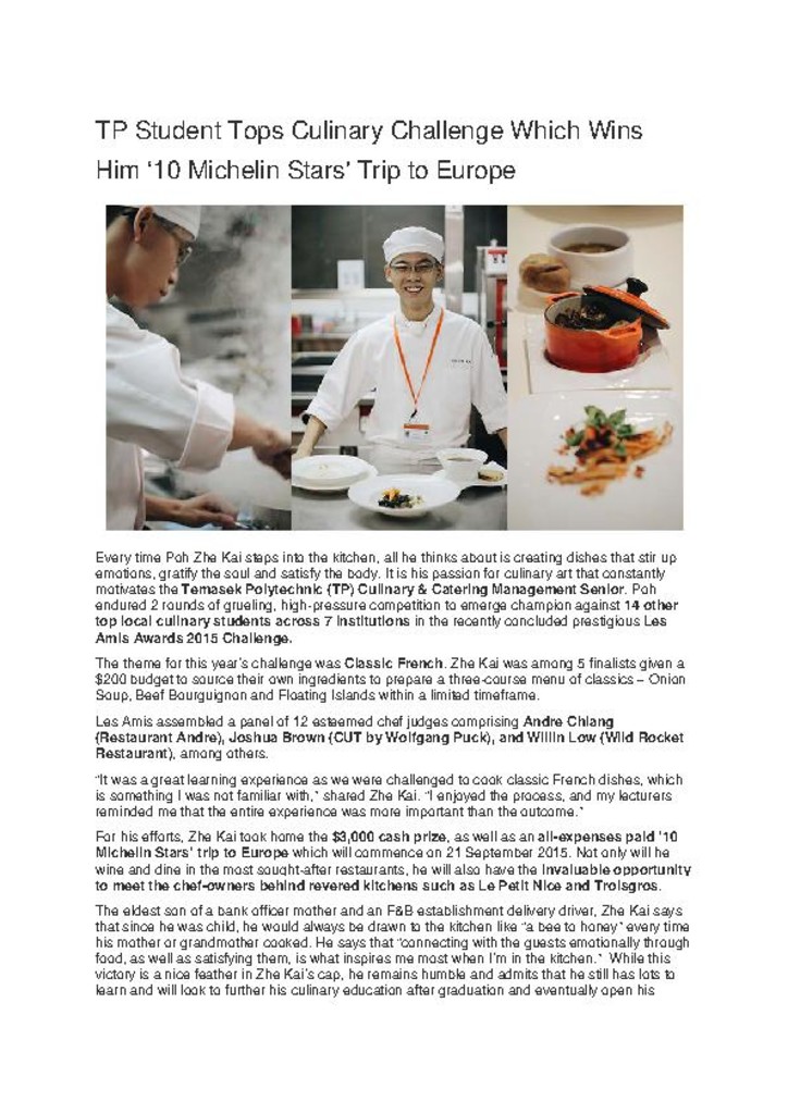 Press release. 15 Sept. 2015. TP student tops Culinary Challenge which wins him '10 Michelin Stars' trip to Europe