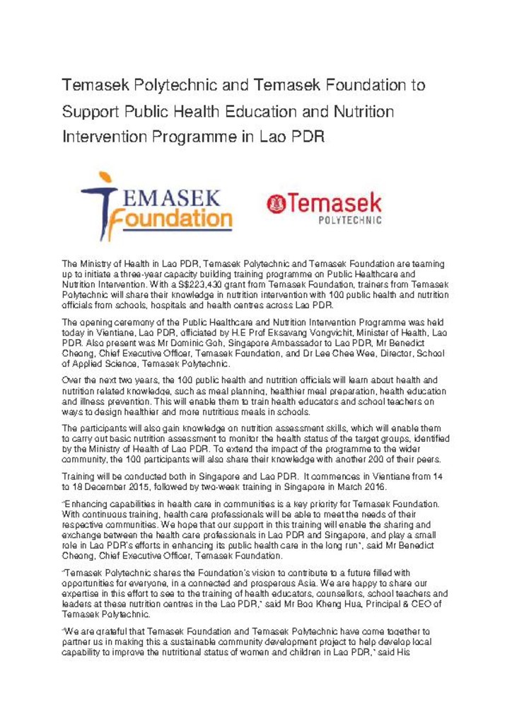 Press release. 14 Dec. 2015.Temasek Polytechnic and Temasek Foundation to support public health education and nutrition intervention programme in Lao PDR