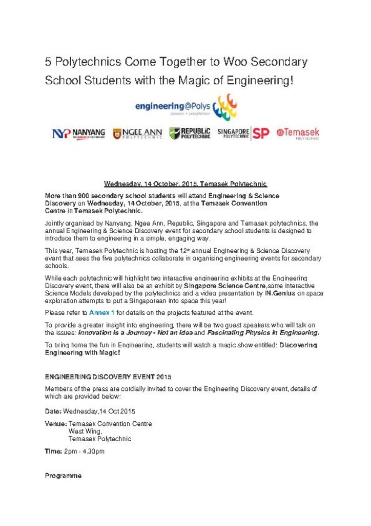 Press release. 13 Oct. 2015. 5 Polytechnics come together to woo secondary school students with the magic of engineering!