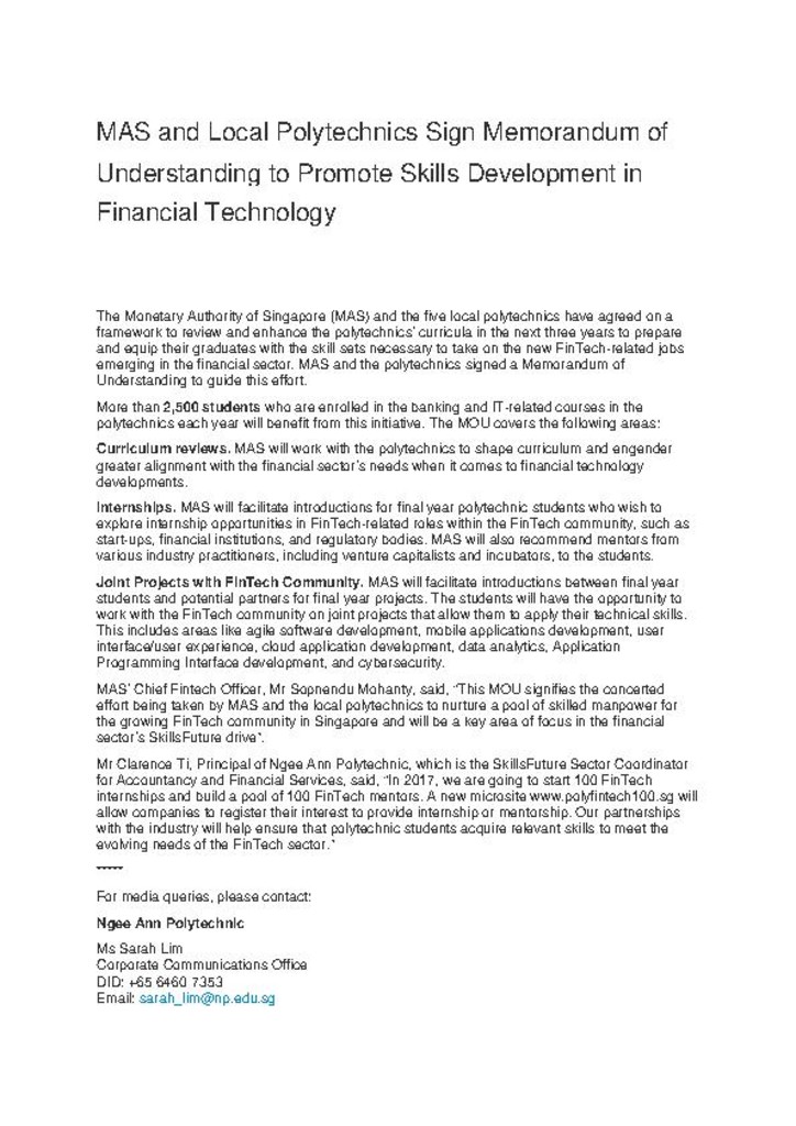 Press release. 03 Oct. 2016. MAS and local Polytechnics sign Memorandum of Understanding to promote skills development in financial technology