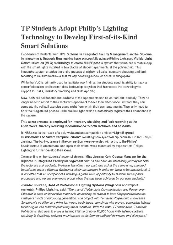 Press release. 08 Nov. 2017. TP students adapt Philip's lighting technology to develop first-of-its-kind smart solutions