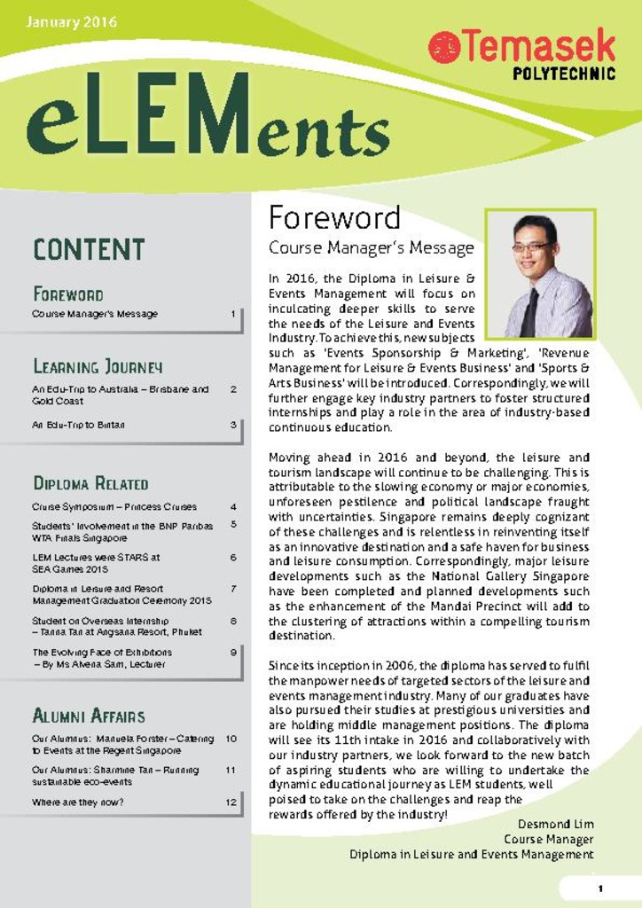 eLEMents : [Diploma in Leisure & Events Management]. Jan. 2016
