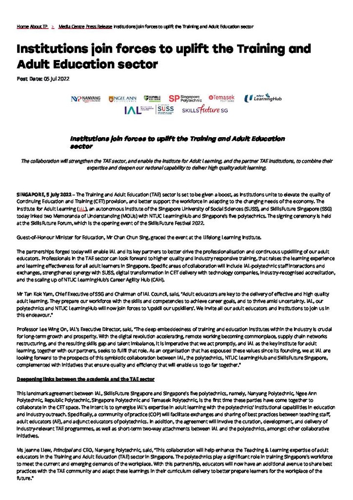 Press release. 5 July 2022. Institutions join forces to uplift the Training and Adult Education sector
