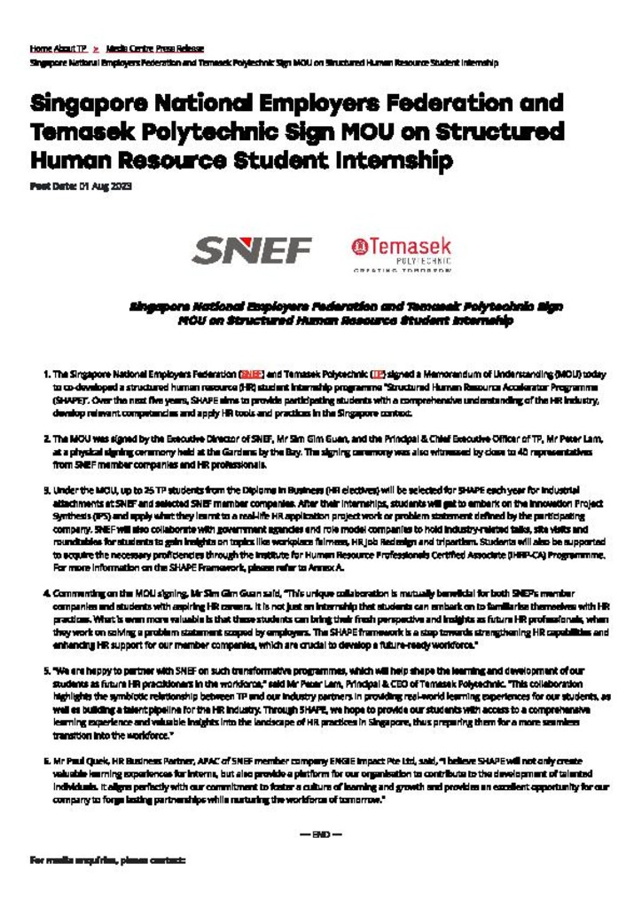 Press release. 1 Aug. 2023. Singapore National Employers Federation and Temasek Polytechnic sign MOU on structured human resource student internship