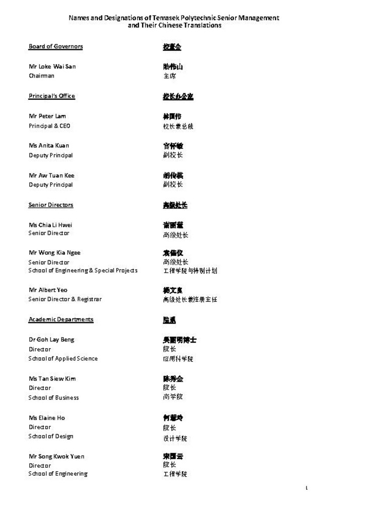 TP media kit. Standard Chinese translation for: Senior management names