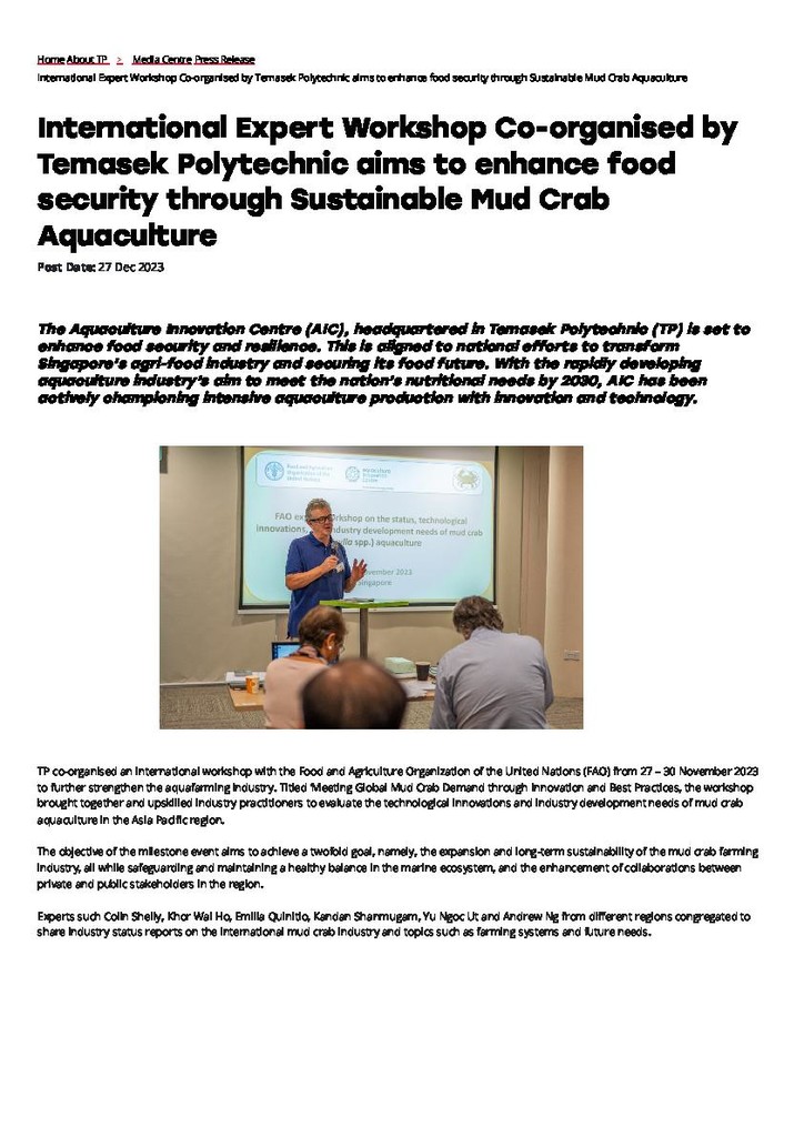 Press release. 27 Dec. 2023. International expert workshop co-organised by Temasek Polytechnic aims to enhance food security through sustainable mud crab aquaculture